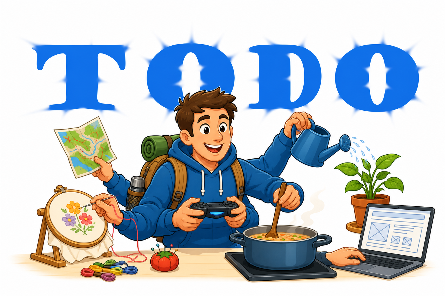 Cartoon character multitasking hobbies in front of a big blue TODO logo — embroidery, games, gardening, cooking, travel, and web design